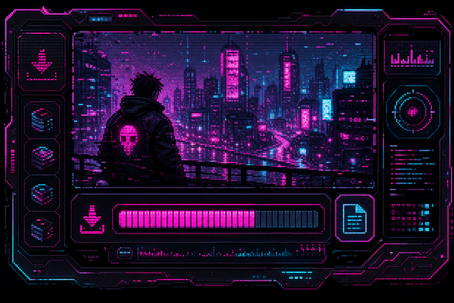 Cyberpunk pixel video download interface